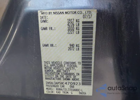 2017 Nissan Altima 2.5 Sl from USA, damaged, VIN 1N4AL3AP5HC470923